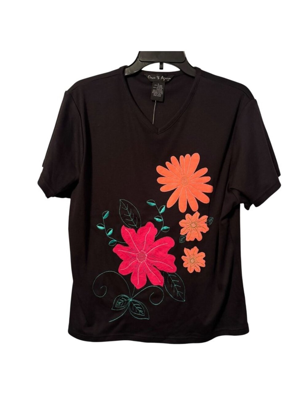 Once & Again Womens Black V-Neck Floral Embroidered T-Shirt Sz L Cotton/Polyeste